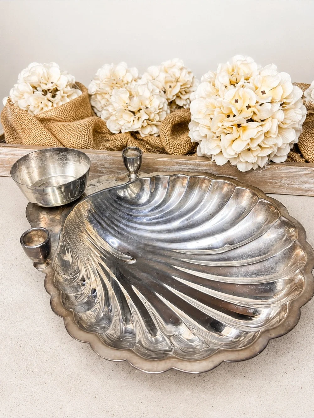 Silver Shell-Shaped Serving Platter with Dip Bowl and Candle Holders
